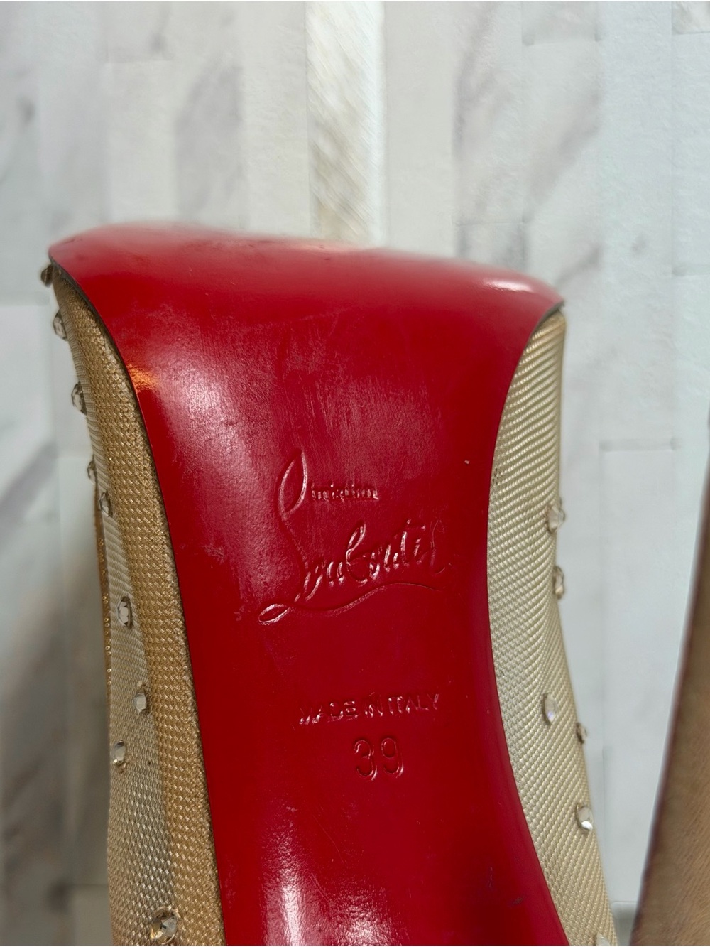 💎Christian Louboutin Nude Follies Strass Suede Rhinestones Heels 100 Size 39 - Picture 14 of 15